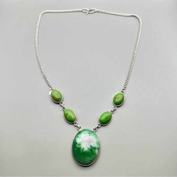 New Green Dendritic Opal Stone w Mosaic Jasper Silver Overlay Necklace 17” - Picture 9 of 13